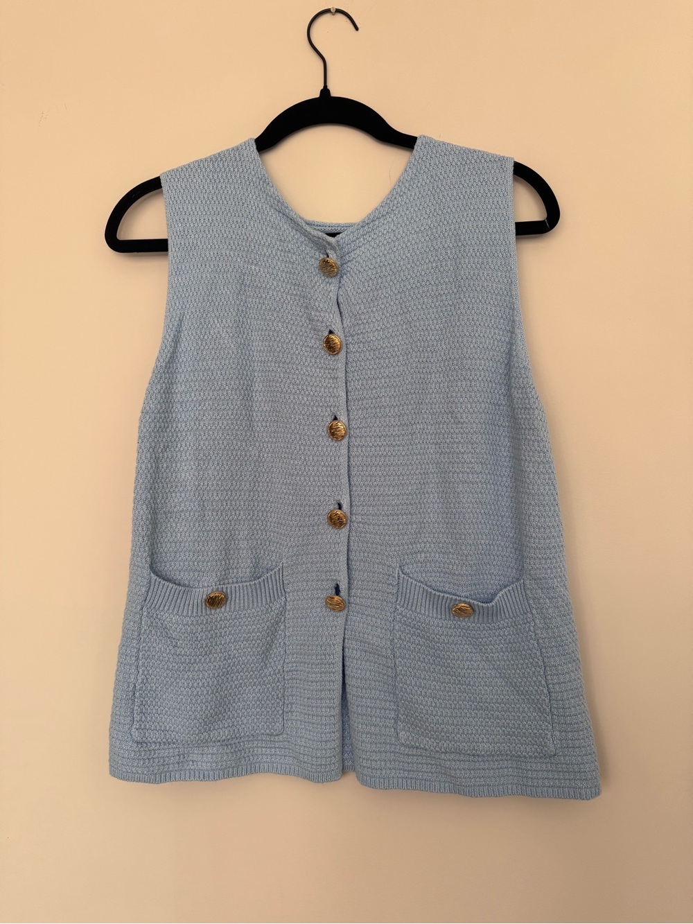 Light Blue Knit Button-Front Vest Tunic with Pockets